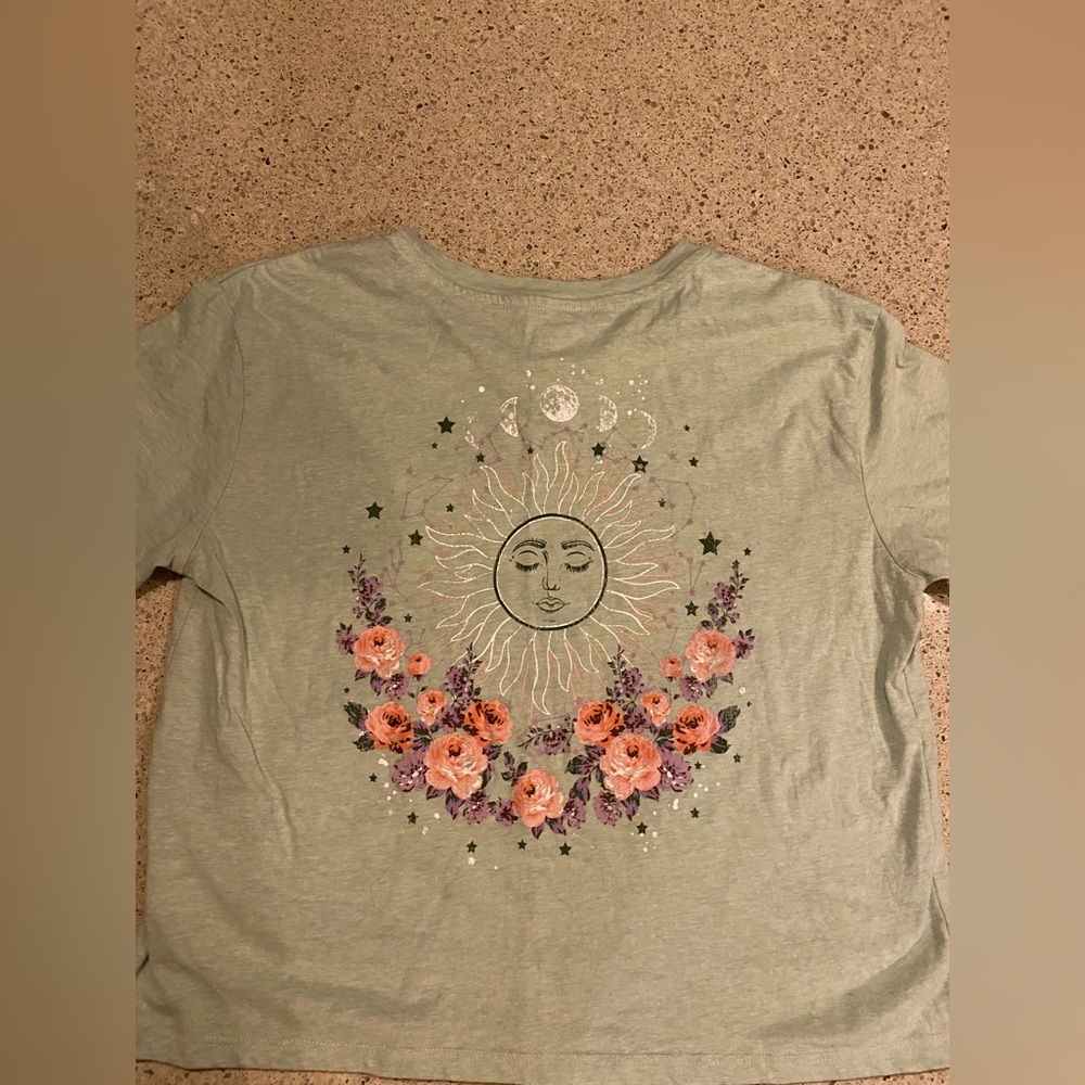 Macys tshirt. Blue green color with a sun on the front and back.